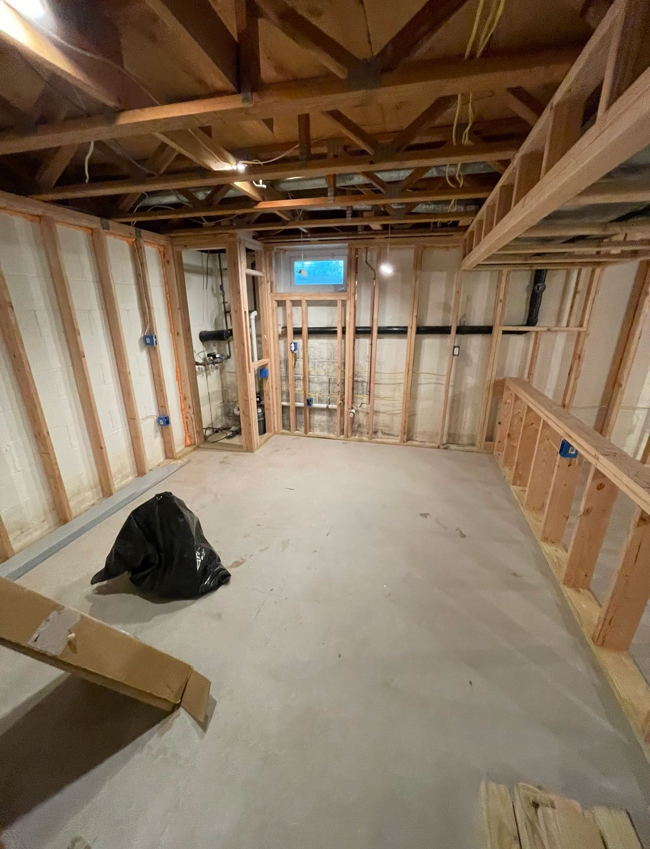 Unfinished basement, exposed studs
