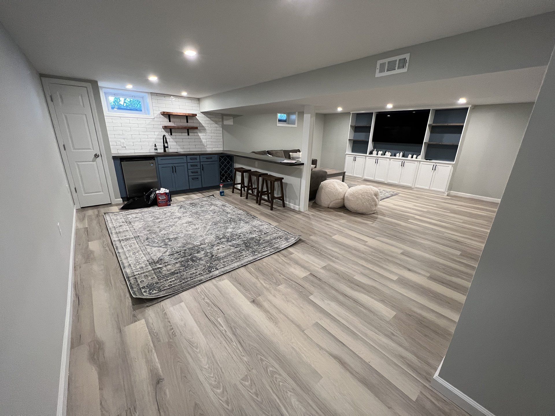 Full basement renovation Collingswood NJ with custom bar and entertainment area