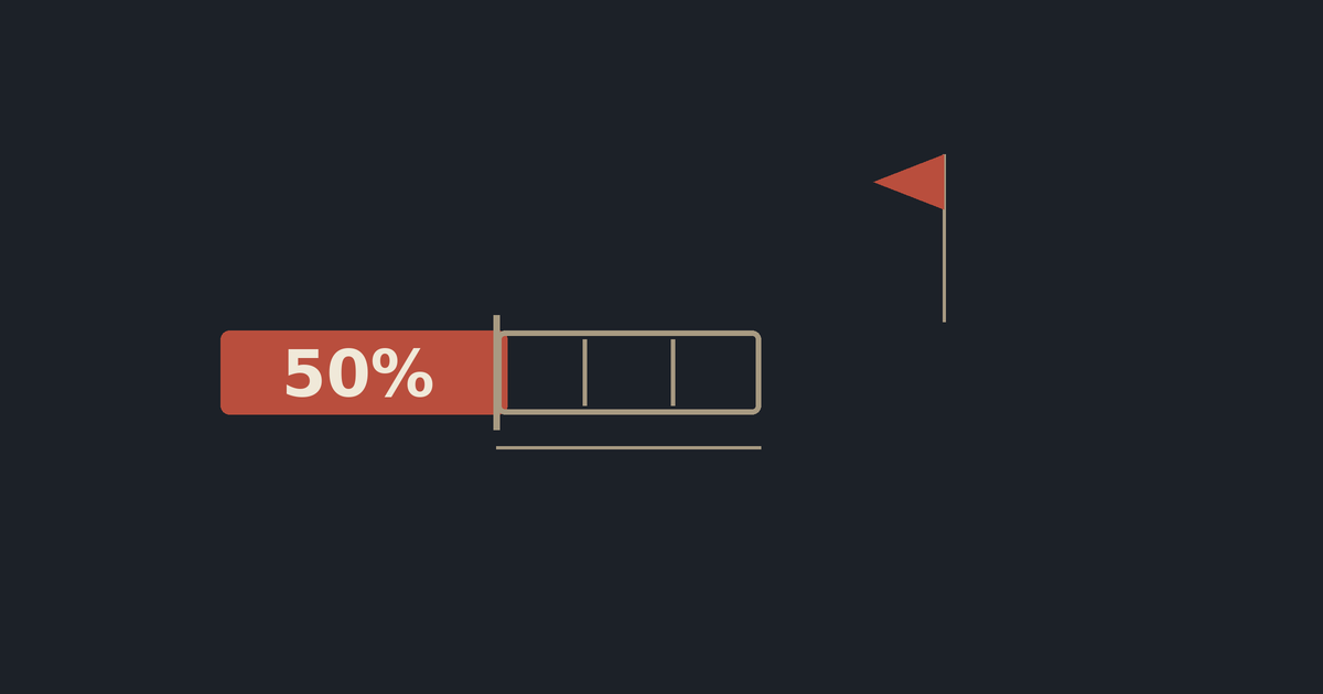 a payment bar half-filled coral ("50%") against outlined milestone segments